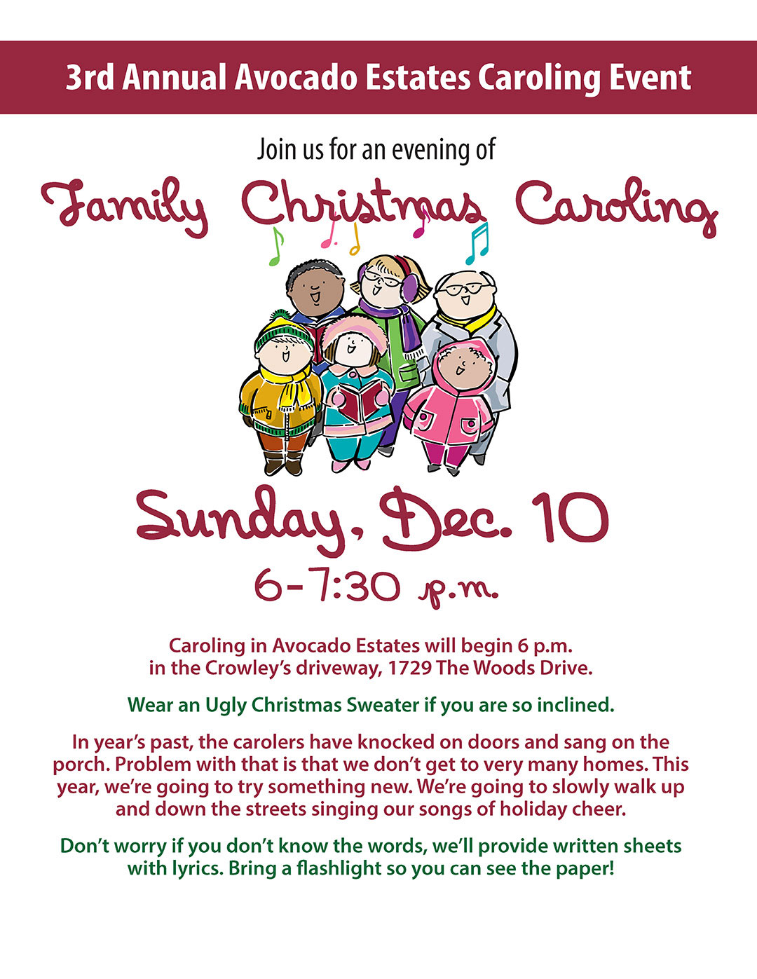 Flyer for Annual Family Christmas Caroling.  Same contents as news article but with cartoon people bundled up in winter clothes and caroling