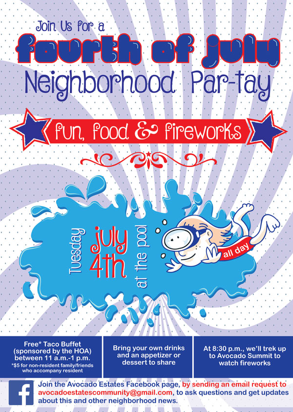 Flyer for Annual July 4th Neighborhood Party.  Same contents as news article but with cartoon of child swimming